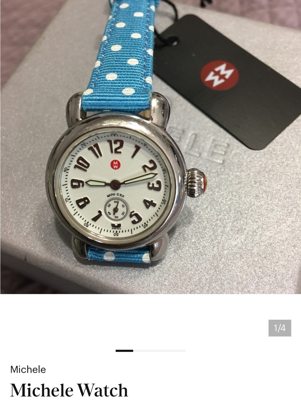 Michele White Dial Watch with Blue Polka Dot Strap